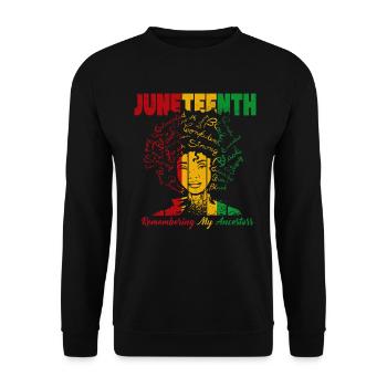 Juneteenth 1865 Gedenken an meine Vorfahren - Unisex Pullover - Schwarz - Vorne - Alina (178cm) & Michal (187cm)