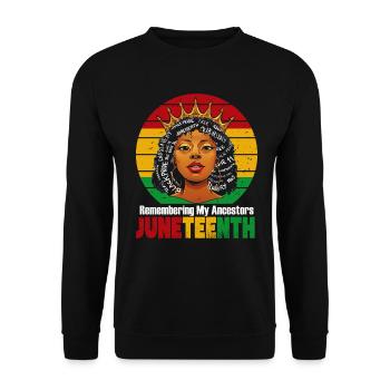Juneteenth 1865 Gedenken an meine Vorfahren - Unisex Pullover - Schwarz - Vorne - Alina (178cm) & Michal (187cm)