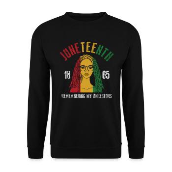 Juneteenth 1865 Gedenken an meine Vorfahren - Unisex Pullover - Schwarz - Vorne - Alina (178cm) & Michal (187cm)