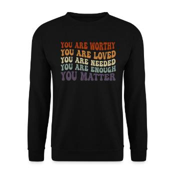 Du bist wichtig, Freundlichkeit, sei freundlich, groovy, psychische Gesundheit - Unisex Pullover - Schwarz - Vorne - Alina (178cm) & Michal (187cm)