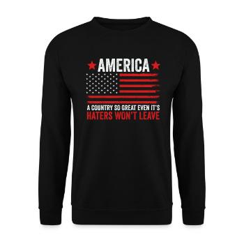 Amerika: Ein Land, das so großartig ist, dass die USA patriotisch sind - Unisex Pullover - Schwarz - Vorne - Alina (178cm) & Michal (187cm)