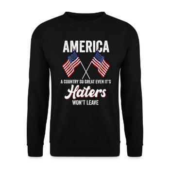 Amerika: Ein Land, das so großartig ist, dass die USA patriotisch sind - Unisex Pullover - Schwarz - Vorne - Alina (178cm) & Michal (187cm)