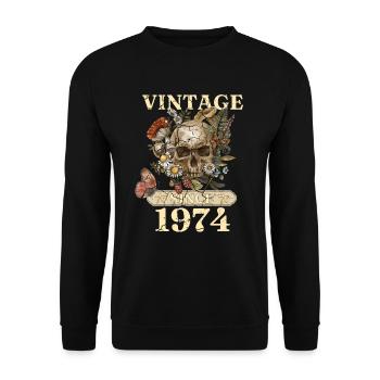 Vintage Totenkopf und Botanicals seit 1974 - Unisex Pullover - Schwarz - Vorne - Alina (178cm) & Michal (187cm)