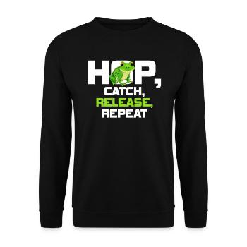 Hop Catch Release Repeat Frosch Humor - Unisex Pullover - Schwarz - Vorne - Alina (178cm) & Michal (187cm)