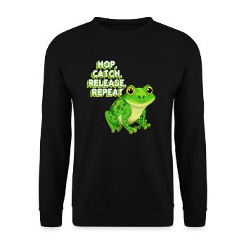 Hop Catch Release Repeat Frosch Humor - Unisex Pullover - Schwarz - Vorne - Alina (178cm) & Michal (187cm)