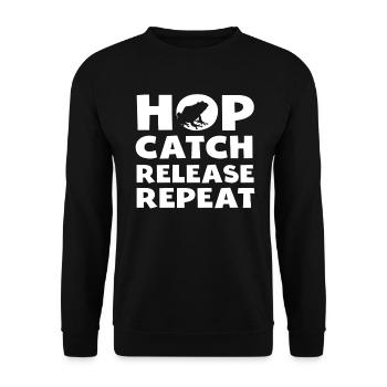 Hop Catch Release Repeat Frosch Humor - Unisex Pullover - Schwarz - Vorne - Alina (178cm) & Michal (187cm)