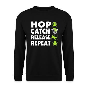 Hop Catch Release Repeat Frosch Humor - Unisex Pullover - Schwarz - Vorne - Alina (178cm) & Michal (187cm)