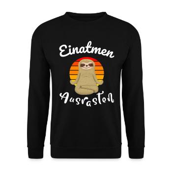 Einatmen Ausrasten Yoga Faultier - Unisex Pullover - Schwarz - Vorne - Alina (178cm) & Michal (187cm)