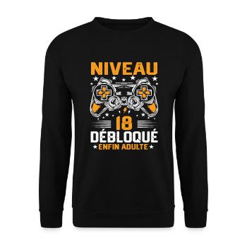 Niveau 18 débloqué / Anniversaire 18 ans gamer - Sweat-shirt Unisexe - noir - Devant - Alina (178cm) & Michal (187cm)