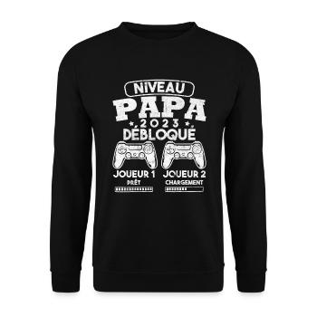 Niveau papa débloqué futur père 2023 - Sweat-shirt Unisexe - noir - Devant - Alina (178cm) & Michal (187cm)
