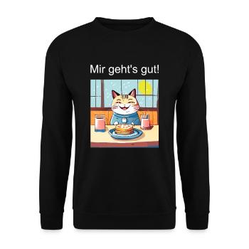 Glückliche Katze beim Essen - Unisex Pullover - Schwarz - Vorne - Alina (178cm) & Michal (187cm)