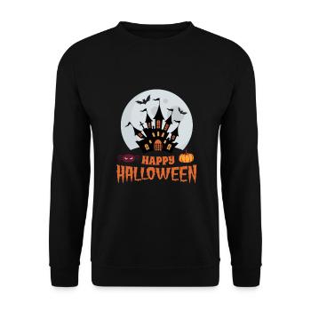 Frohes Halloween, Spukhaus, Fledermäuse - Unisex Pullover - Schwarz - Vorne - Alina (178cm) & Michal (187cm)