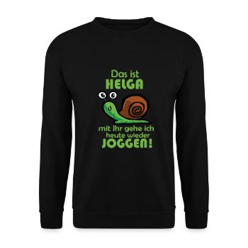Das ist HELGA mit ihr gehe ich heute wieder JOGGEN - Unisex Pullover - Schwarz - Vorne - Alina (178cm) & Michal (187cm)