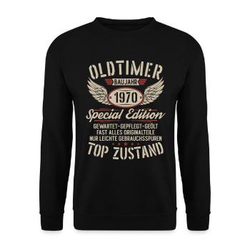 Oldtimer Baujahr 1970 Jahrgang Geburtstag Geschenk - Unisex Pullover - Schwarz - Vorne - Alina (178cm) & Michal (187cm)