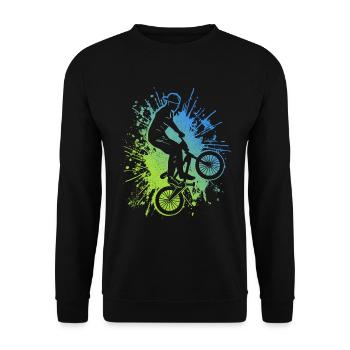 BMX Fahrrad Farbklecks Radfahrer Stunt BMX - Unisex Pullover - Schwarz - Vorne - Alina (178cm) & Michal (187cm)