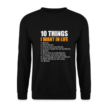 10 Dinge, die ich im Leben will Bitcoin Krypto BTC - Unisex Pullover - Schwarz - Vorne - Alina (178cm) & Michal (187cm)