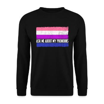 Fragen Sie mich nach meiner Pronomen Genderfluid F - Unisex Pullover - Schwarz - Vorne - Alina (178cm) & Michal (187cm)