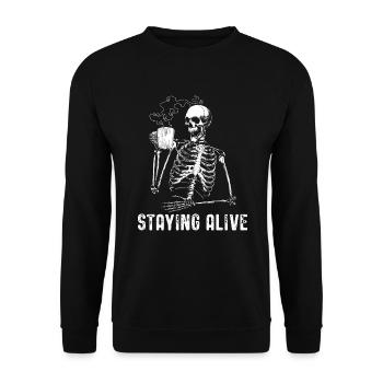 Alltag bleiben Halloween -Skelett trinken Kaffee - Unisex Pullover - Schwarz - Vorne - Alina (178cm) & Michal (187cm)