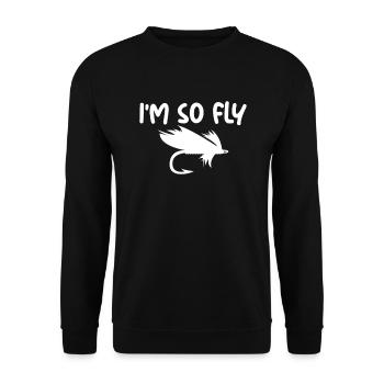 Ich fliege so lustiger Angler Fliegenfischerfische - Unisex Pullover - Schwarz - Vorne - Alina (178cm) & Michal (187cm)