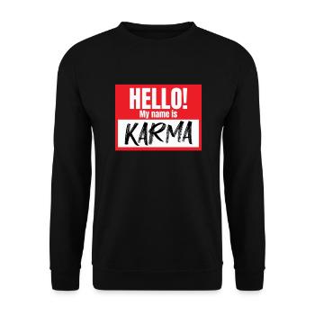 Hallo, mein Name ist Karma lustiger Karma Nametag - Unisex Pullover - Schwarz - Vorne - Alina (178cm) & Michal (187cm)