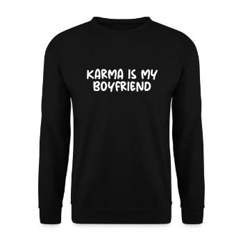 Karma ist mein Freund - Unisex Pullover - Schwarz - Vorne - Alina (178cm) & Michal (187cm)