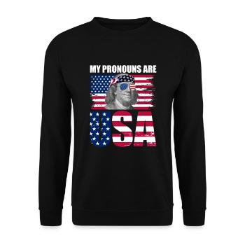 Meine Pronomen sind USA Franklin Patriotic 4. Juli - Unisex Pullover - Schwarz - Vorne - Alina (178cm) & Michal (187cm)