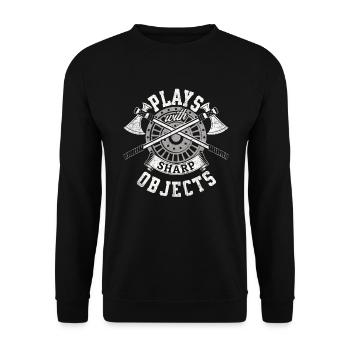Spielt mit scharfen Objekten Axe Funny Axtwurfspie - Unisex Pullover - Schwarz - Vorne - Alina (178cm) & Michal (187cm)