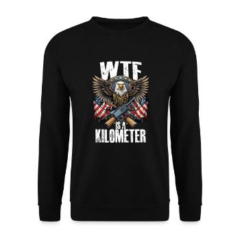 WTF ist ein Kilometer. 4. Juli Eagle WTF-Kilometer - Unisex Pullover - Schwarz - Vorne - Alina (178cm) & Michal (187cm)