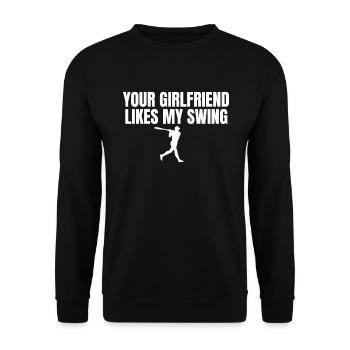 Deine Freundin mag meinen Swing. Lustiger Herren-B - Unisex Pullover - Schwarz - Vorne - Alina (178cm) & Michal (187cm)
