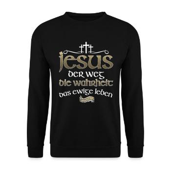 Jesus Christus Shirt Bibelvers Ich bin der Weg - Unisex Pullover - Schwarz - Vorne - Alina (178cm) & Michal (187cm)