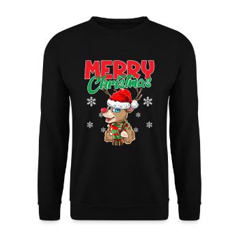 Merry Christmas Frohe Weihnachten Xmas Süßes Renti - Unisex Pullover - Schwarz - Vorne - Alina (178cm) & Michal (187cm)