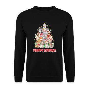 Katzen Weihnachtsbaum Weihnachten Spruch Merry Cat - Unisex Pullover - Schwarz - Vorne - Alina (178cm) & Michal (187cm)