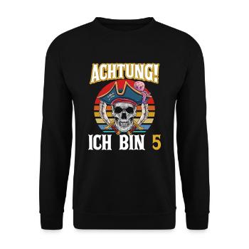 Geburtstagsshirt 5 Jahre Junge Pirat Totenkopf Pir - Unisex Pullover - Schwarz - Vorne - Alina (178cm) & Michal (187cm)