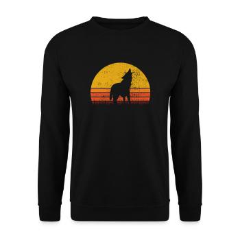 Wolf Wölfe Tier Hund Retro Sonnenaufgang Geschenk - Unisex Pullover - Schwarz - Vorne - Alina (178cm) & Michal (187cm)