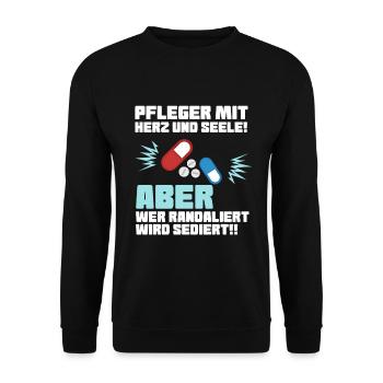 Pflege mit Herz - Altenpfleger Krankenpfleger - Unisex Pullover - Schwarz - Vorne - Alina (178cm) & Michal (187cm)