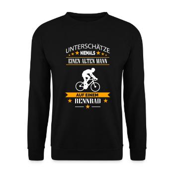 Alter Mann auf einem Rennrad Fahrrad Rente - Unisex Pullover - Schwarz - Vorne - Alina (178cm) & Michal (187cm)
