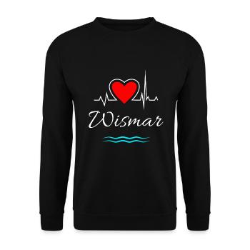 Wismar-Mein Herz schlägt für Usedom-Herz mit Welle - Unisex Pullover - Schwarz - Vorne - Alina (178cm) & Michal (187cm)