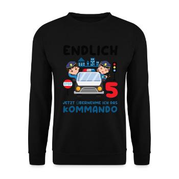 Kinder 5. Geburtstag Endlich 5, Polizei - Unisex Pullover - Schwarz - Vorne - Alina (178cm) & Michal (187cm)