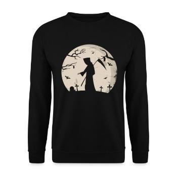 Sensenmann Bei Vollmond Auf Dem Friedhof, Okkult - Unisex Pullover - Schwarz - Vorne - Alina (178cm) & Michal (187cm)