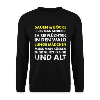 Jäger und Schürzenjäger Design mit lustigem Spruch - Unisex Pullover - Schwarz - Vorne - Alina (178cm) & Michal (187cm)