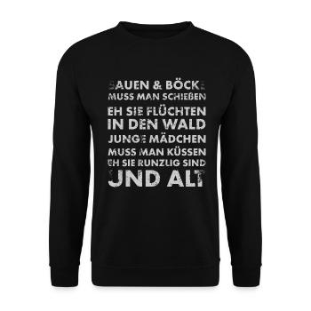 Jäger und Schürzenjäger Design mit lustigem Spruch - Unisex Pullover - Schwarz - Vorne - Alina (178cm) & Michal (187cm)