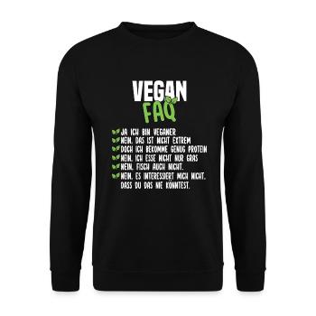 Vegan FAQ - Lustiger Veganer Spruch - Unisex Pullover - Schwarz - Vorne - Alina (178cm) & Michal (187cm)