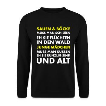 Jäger und Schürzenjäger Design mit lustigem Spruch - Unisex Pullover - Schwarz - Vorne - Alina (178cm) & Michal (187cm)
