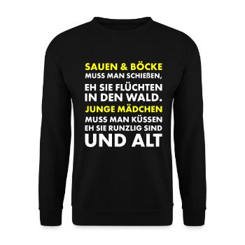 Jäger und Schürzenjäger Design mit lustigem Spruch - Unisex Pullover - Schwarz - Vorne - Alina (178cm) & Michal (187cm)