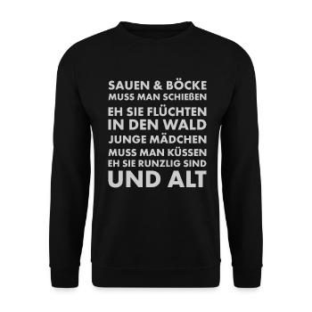Jäger und Schürzenjäger Design mit lustigem Spruch - Unisex Pullover - Schwarz - Vorne - Alina (178cm) & Michal (187cm)