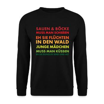 Jäger und Schürzenjäger Design mit lustigem Spruch - Unisex Pullover - Schwarz - Vorne - Alina (178cm) & Michal (187cm)