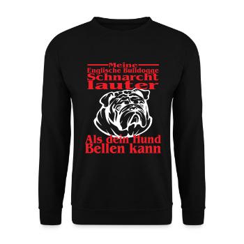 Meine Englische Bulldogge Schnarcht - Dogge Spruch - Unisex Pullover - Schwarz - Vorne - Alina (178cm) & Michal (187cm)