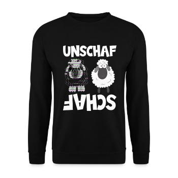 Schaf Unschaf Wortwitz, Schafe - Unisex Pullover - Schwarz - Vorne - Alina (178cm) & Michal (187cm)
