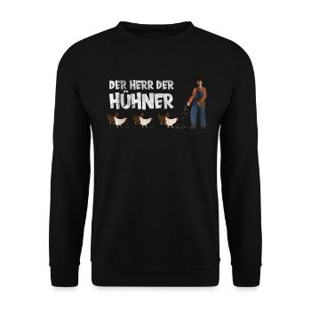 Der Herr der Hühner. Huhn - Unisex Pullover - Schwarz - Vorne - Alina (178cm) & Michal (187cm)