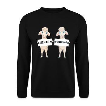 Schaf, Unschaf, Gestochen Schaf, Wortspiel - Unisex Pullover - Schwarz - Vorne - Alina (178cm) & Michal (187cm)